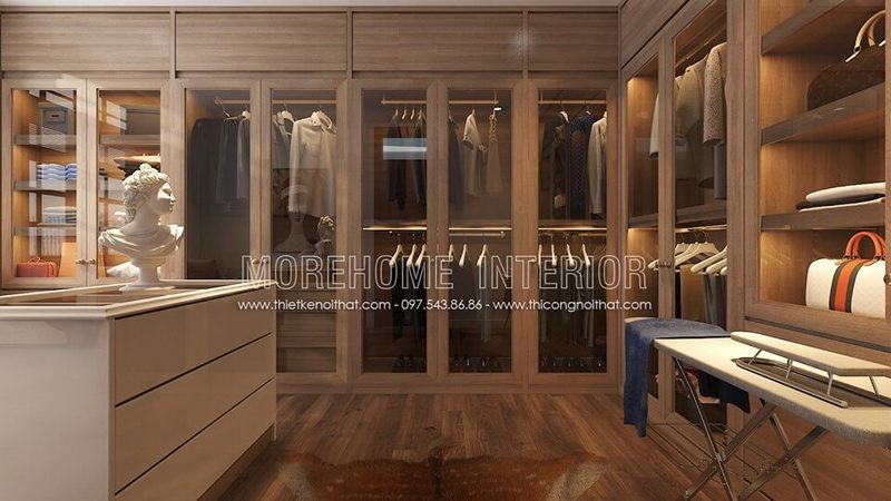 Mẫu tủ quần áo âm tường bằng kính và gỗ tự nhiên với gam màu nâu sang trọng, quý phái