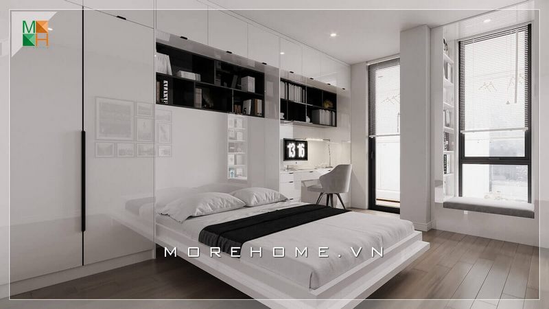 Ấn tượng mẫu tủ quần áo thiết kế âm tường kịch trần màu chủ đạo là trắng làm tăng vẻ tiện nghi cho căn phòng ngủ hiện đại.