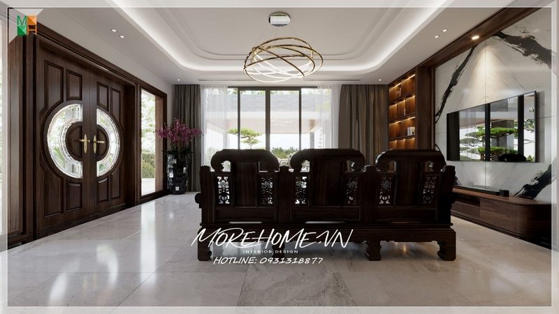 Cửa chính 2 cánh được trang trí bằng gỗ tự nhiên mang lại sự hiện đại và tô điểm thẩm mỹ cho không gian.